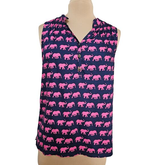 Escapada Blouse Womens Small Elephants Blue Pink 3/4 Sleeve Button Rayon Top - Picture 1 of 14